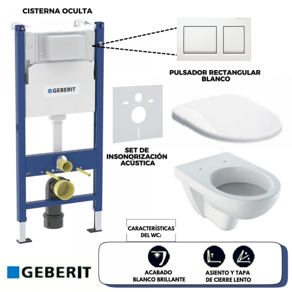 Set de Inodoro Geberit, Modelo: Selnova Round, con Asiento y Tapa, Cisterna Oculta y Pulsador (acabado Blanco Brillante) - Línea Alpha