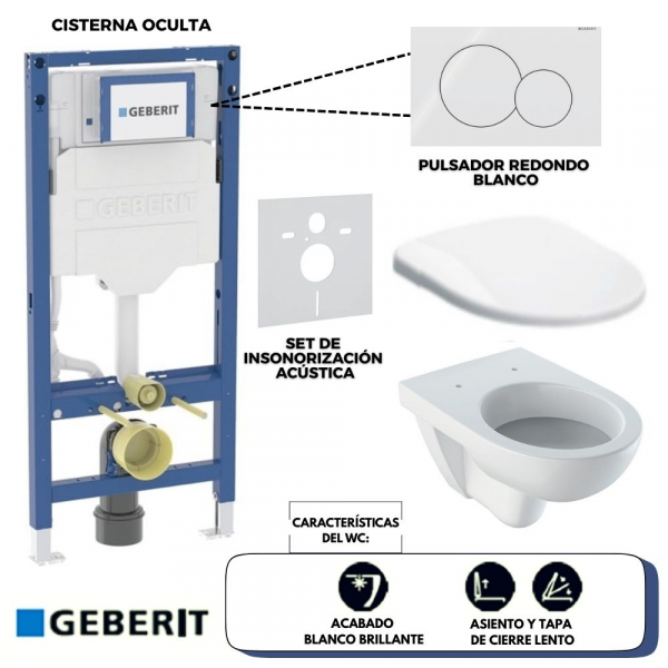 Set de Inodoro Geberit, Modelo: Selnova Round, con Asiento y Tapa, Cisterna Oculta y Pulsador (acabado Blanco Brillante) – Línea Sigma