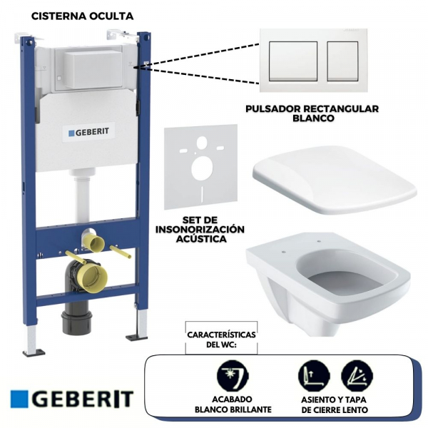 Set de Inodoro Geberit, Modelo: Selnova Square, con Asiento y Tapa, Cisterna Oculta y Pulsador (acabado Blanco Brillante) - Línea Alpha