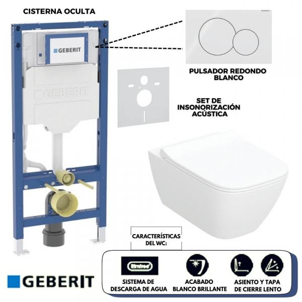 Set de Inodoro Geberit, Modelo: Smyle con Asiento y Tapa tipo Sándwich, Cisterna Oculta y Pulsador (acabado Blanco Brillante) – Línea Sigma