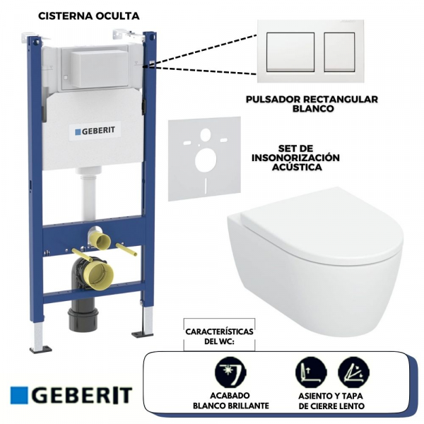 Set de Inodoro Geberit iCon Turbo Flush 2.0 con Asiento y Tapa, Cisterna Oculta y Pulsador (acabado Blanco Brillante) - Línea Alpha