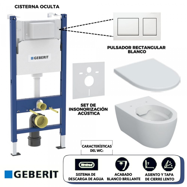 Set de Inodoro Geberit iCon con Asiento y Tapa, Cisterna Oculta y Pulsador (acabado Blanco Brillante) - Línea Alpha