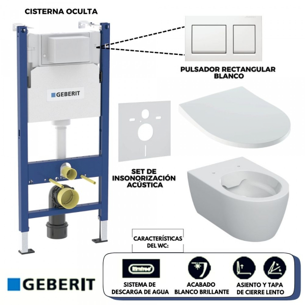 Set de Inodoro Geberit iCon con Asiento y Tapa (Diseño Delgado), Cisterna Oculta y Pulsador (acabado Blanco Brillante) - Línea Alpha