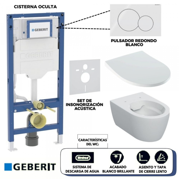 Set de Inodoro Geberit iCon con Asiento y Tapa (Diseño Delgado), Cisterna Oculta y Pulsador (acabado Blanco Brillante) – Línea Sigma